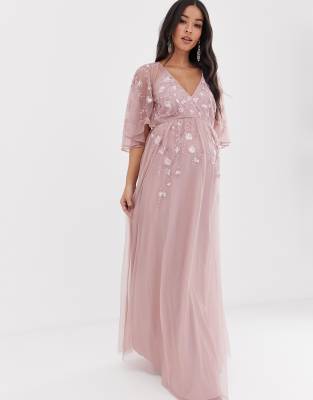 asos design maxi dress with cape sleeve in embroidered mesh