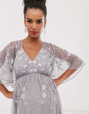 asos design maternity flutter sleeve maxi dress in embroidered mesh