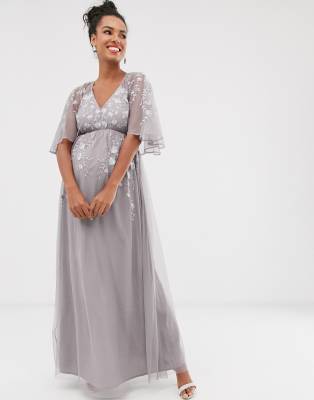 asos design maternity flutter sleeve maxi dress in embroidered mesh