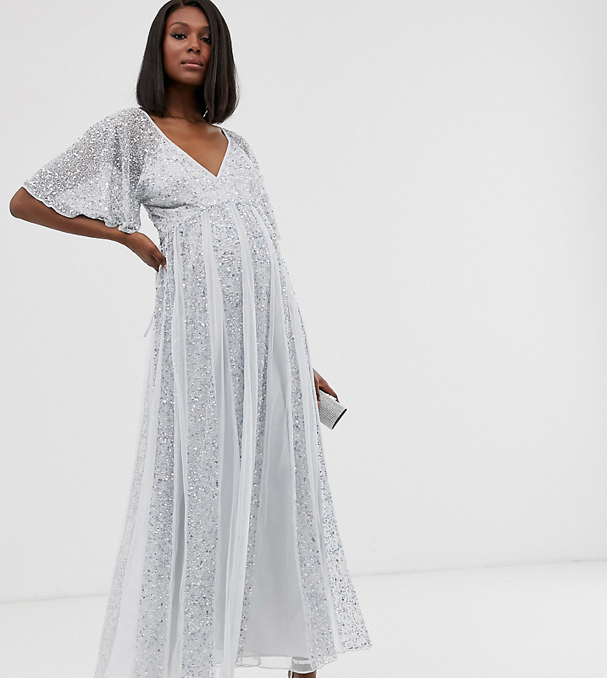ASOS DESIGN Maternity flutter sleeve maxi dress in mesh with embellished sequin godet panels-Silver
