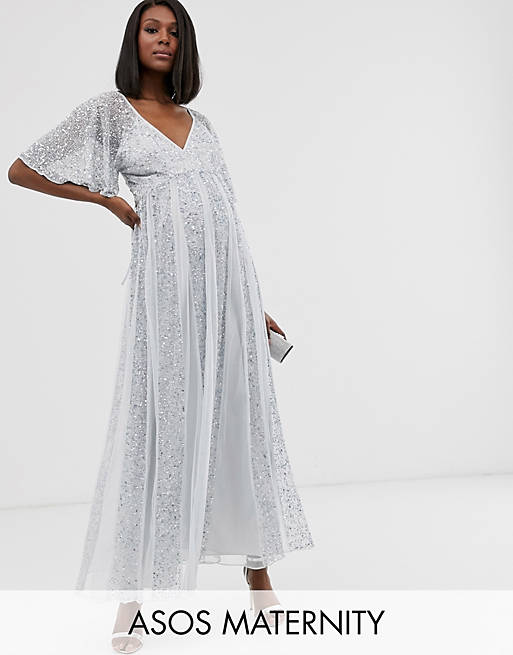 ASOS DESIGN Maternity flutter sleeve maxi dress in mesh with embellished sequin godet panels