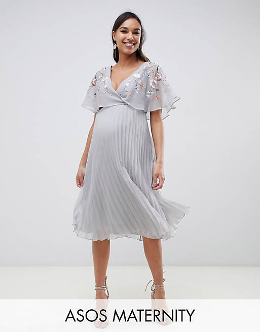 ASOS DESIGN Maternity flutter sleeve midi dress with pleat skirt in embroidery
