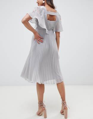 asos design flutter sleeve midi dress with pleated skirt