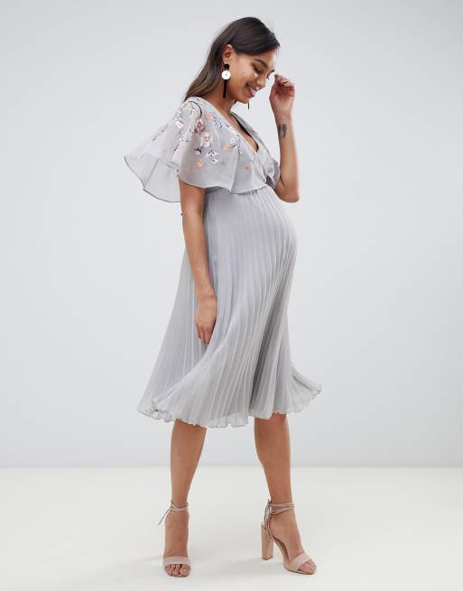 ASOS DESIGN Maternity flutter sleeve midi dress with pleated waist and  button detail