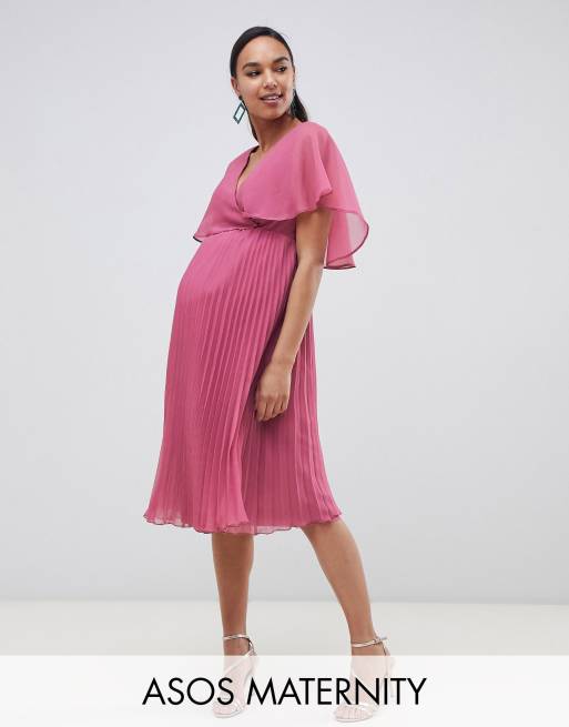 Asos Design Maternity Flutter Sleeve Midi Dress With Pleat Skirt Asos 