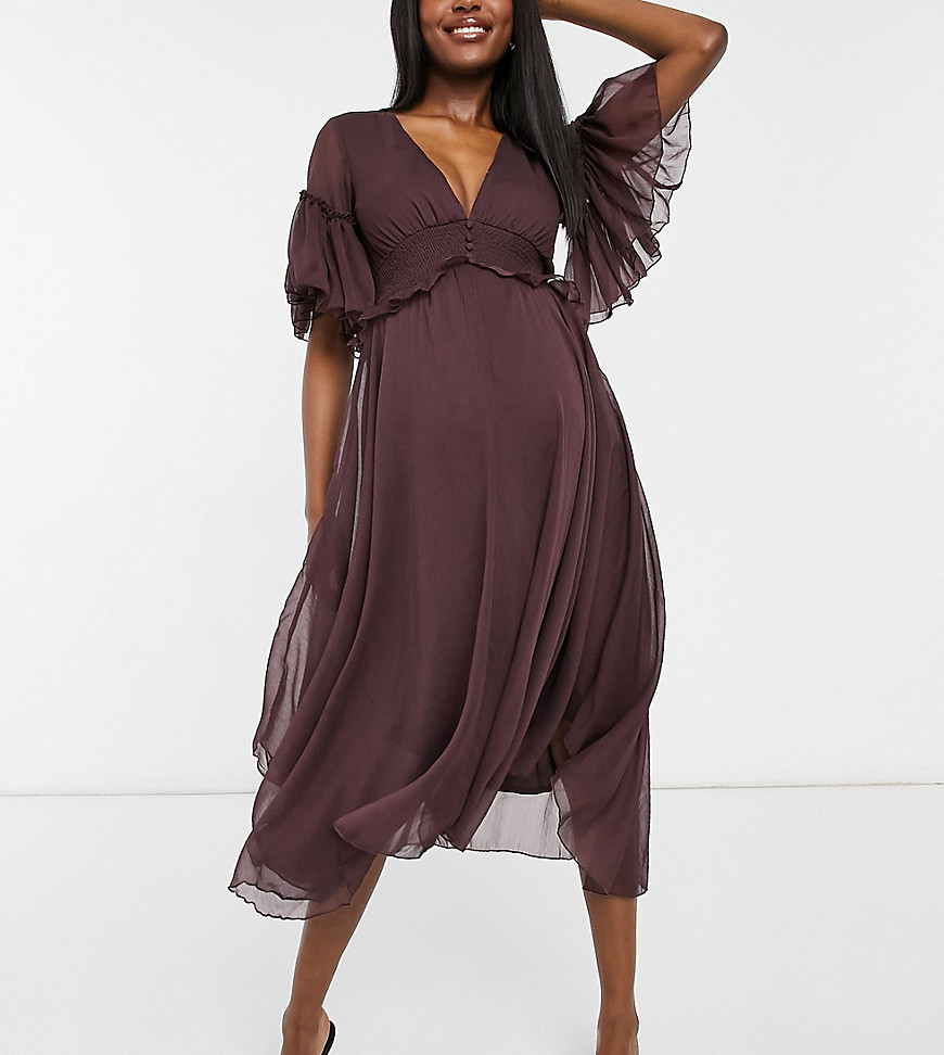 ASOS DESIGN Maternity flutter sleeve midi dress with pleated waist and button detail-Navy