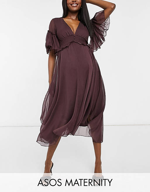 ASOS DESIGN Maternity flutter sleeve midi dress with pleated waist and button detail