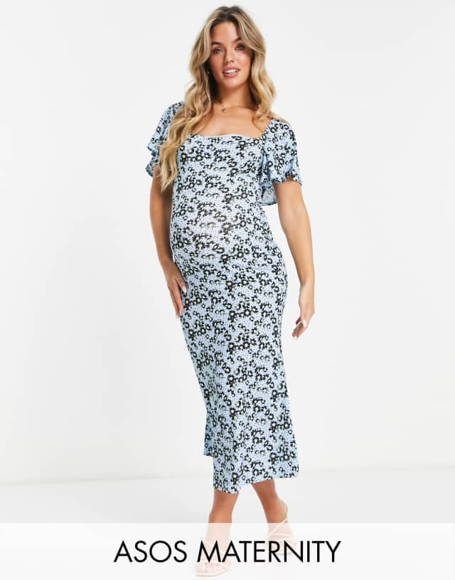 ASOS DESIGN Maternity flutter sleeve midi tea dress in blue floral and dot print