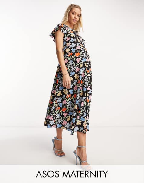 ASOS DESIGN Maternity broderie v neck midi dress with buttons in