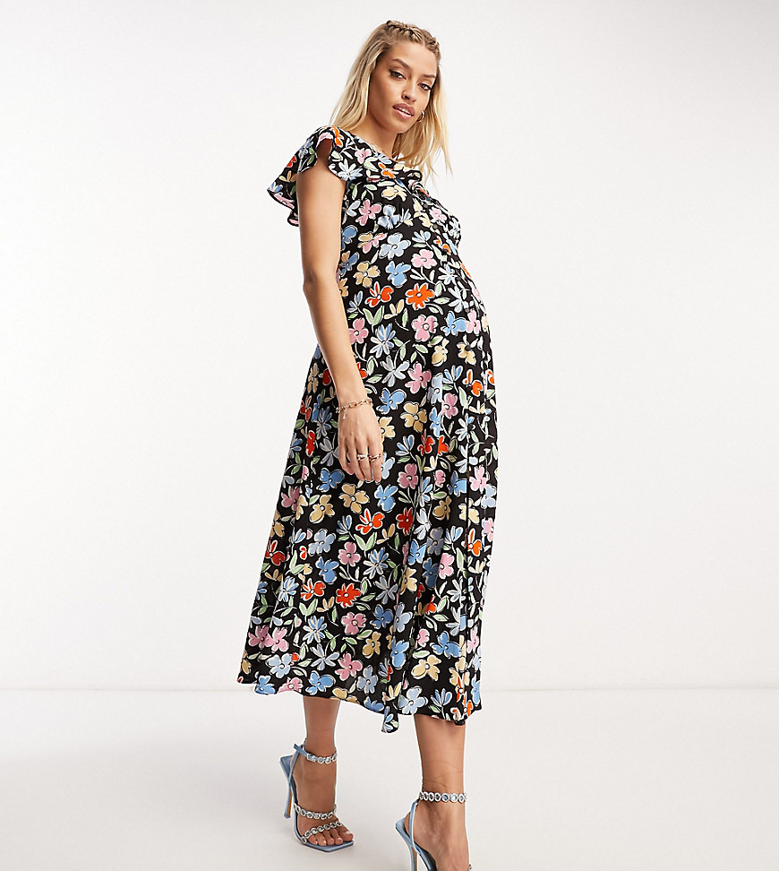 ASOS DESIGN Maternity flutter sleeve midi tea dress with buttons in multi floral print