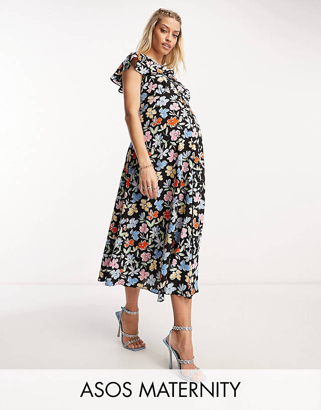 ASOS Maternity - ASOS DESIGN Maternity flutter sleeve midi tea dress with buttons in multi floral print