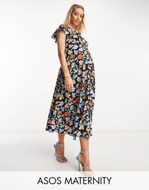 ASOS DESIGN Maternity flutter sleeve midi tea dress with buttons in ...