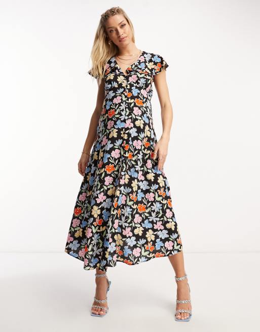 ASOS DESIGN Maternity flutter sleeve midi tea dress with buttons in multi  floral print