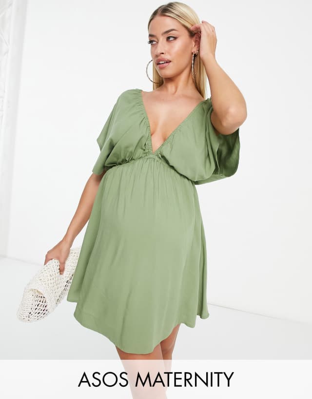 ASOS DESIGN Maternity flutter sleeve mini beach dress in khaki