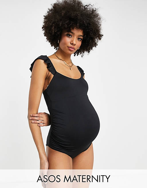 ASOS DESIGN Maternity flutter sleeve swimsuit in black | ASOS