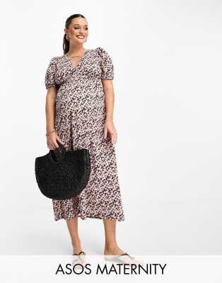 ASOS Design Maternity - Freizeit-Midikleid mit Blümchenmuster, geraffter Taille und voluminösen Ärmeln-Bunt