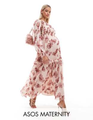 Asos Maternity Asos Design Maternity Frill Tiered Hem Maxi Dress In Pink Floral-multi