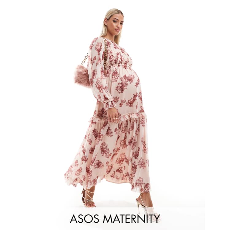 fitted lace wedding dress Pink Floral Maternity Dress With Long Sleeves main image 1