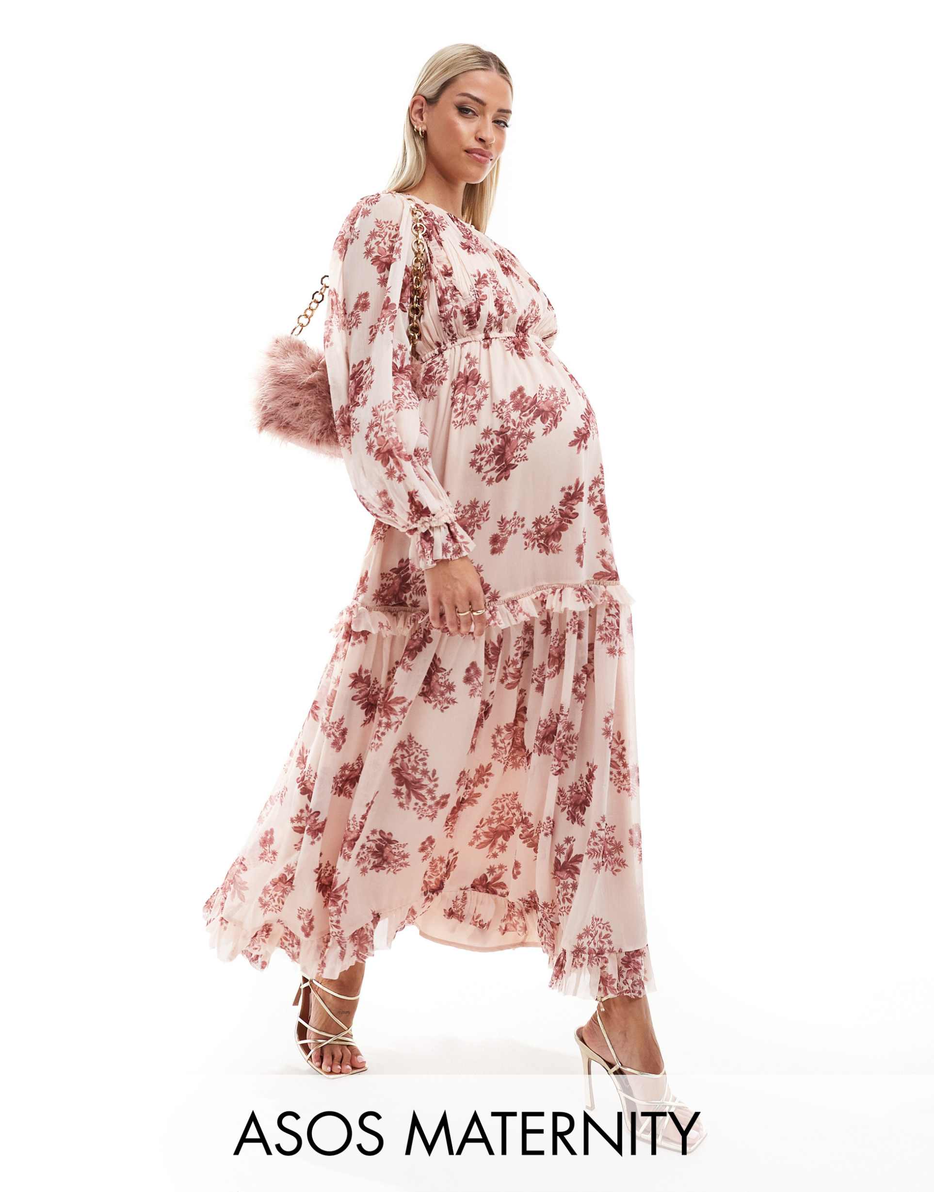 asos design maternity frill tiered hem maxi dress in pink floral