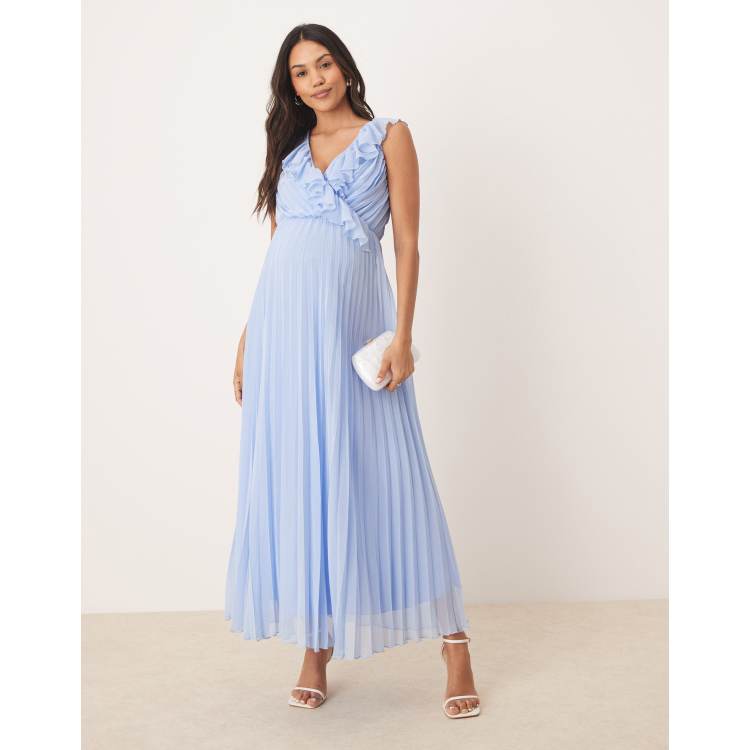ASOS DESIGN Maternity frill wrap detail pleated midi dress in baby blue |  ASOS