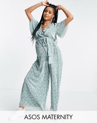 ASOS DESIGN maternity frill wrap plisse jumpsuit in sage green floral  - ASOS Price Checker