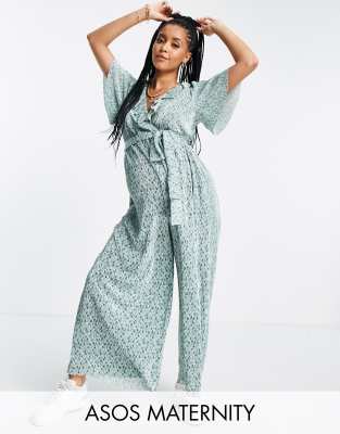 Asos Design Maternity Frill Wrap Plisse Jumpsuit In Sage Green Floral