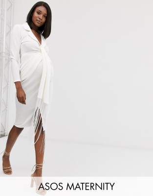 ASOS DESIGN Maternity fringe shirt midi dress-White