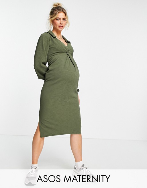 ASOS DESIGN Maternity front twist shirt midi dress in khaki