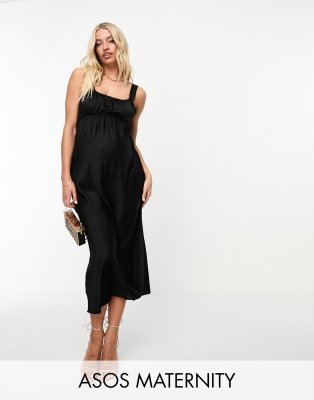 Asos Maternity Asos Design Maternity Gathered Babydoll Satin Midi Slip Dress In Black