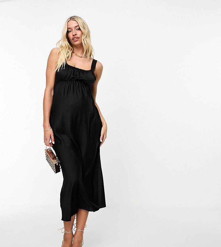 Asos Maternity Asos Design Maternity Gathered Babydoll Satin Midi Slip Dress In Black