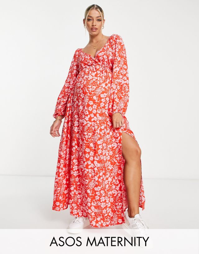 ASOS DESIGN Maternity gathered waist maxi tea dress in pink and red floral