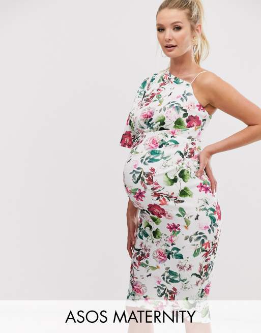 ASOS DESIGN Maternity Gebloemde midijurk met blote schouder ASOS