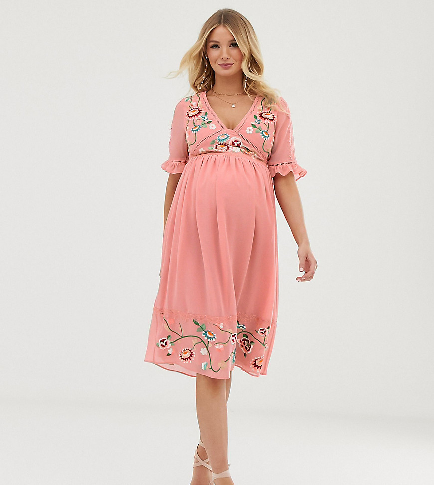 ASOS DESIGN Maternity - Geborduurde midi-jurk met kanten zomen-Roze
