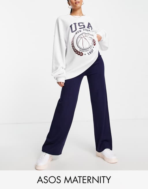ASOS DESIGN Maternity - Gebreide broek met wijde pijpen en naaddetail aan de voorkant in marineblauw, deel van co-ord set