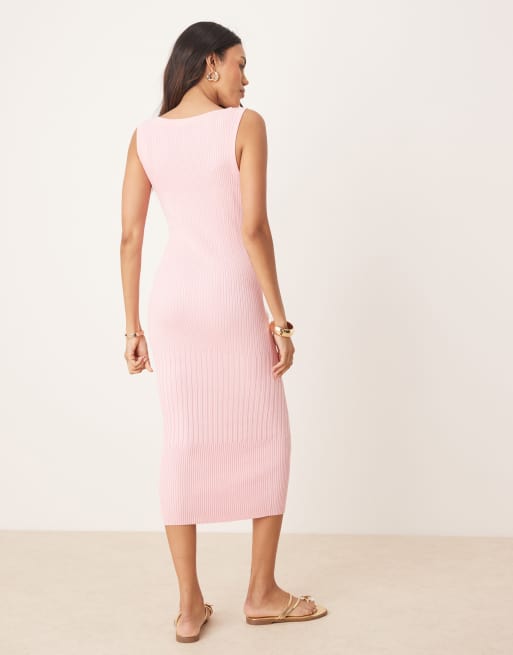ASOS DESIGN Maternity - Gebreide halflange jurk met schuine hals en brede ribbels in roze, 2 van 4