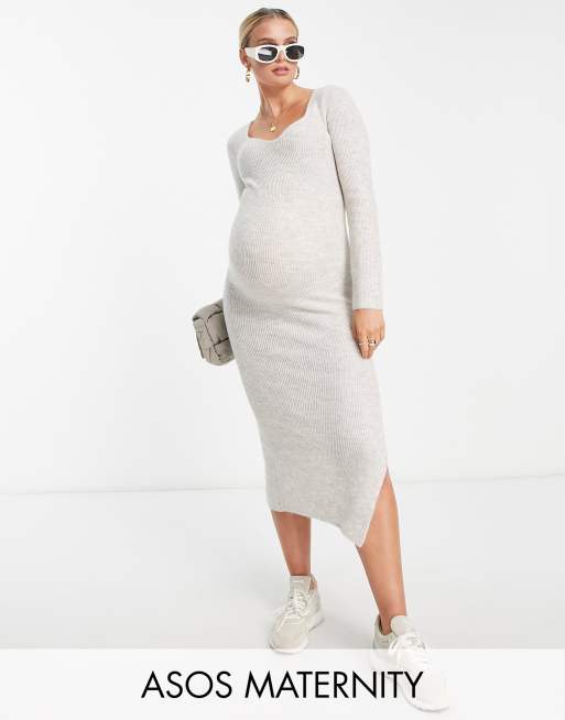 ASOS DESIGN Maternity - Gebreide midi jurk met hartvormige halslijn in lichtbeige