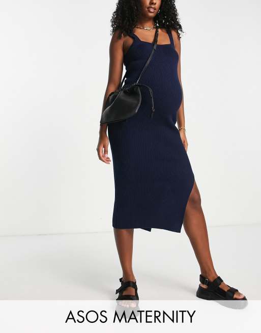 ASOS DESIGN Maternity - Gebreide midi-jurk met vierkante hals in marineblauw