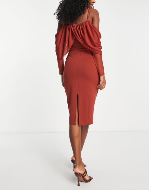 ASOS DESIGN Maternity - Gedrapeerde midi-jurk met lange mouwen en ruches in roestbruin, 2 van 4