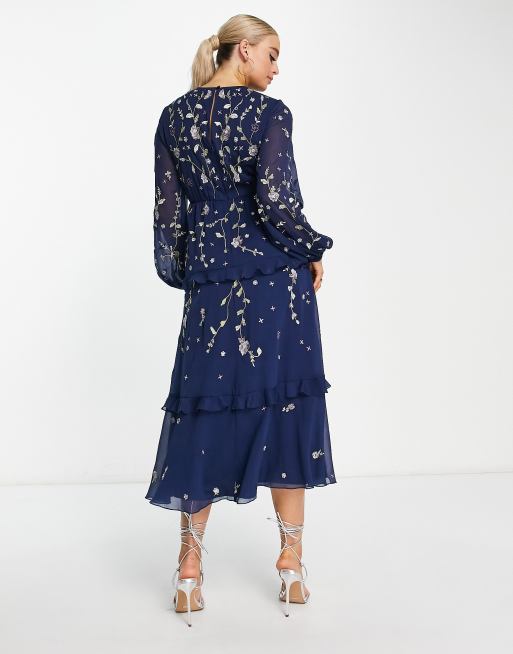 Lace Maternity Asos Navy Maternity Dress ASOS DESIGN Maternity Gelaagde  Midi Jurk Met Versiering En Bloemborduursels In Marineblauw ASOS