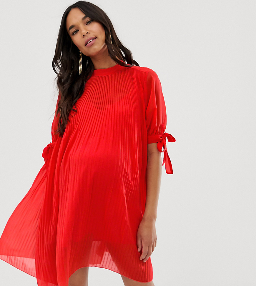 ASOS DESIGN Maternity - Geplooide A-lijn mini-jurk met gestrikte mouwen-Rood