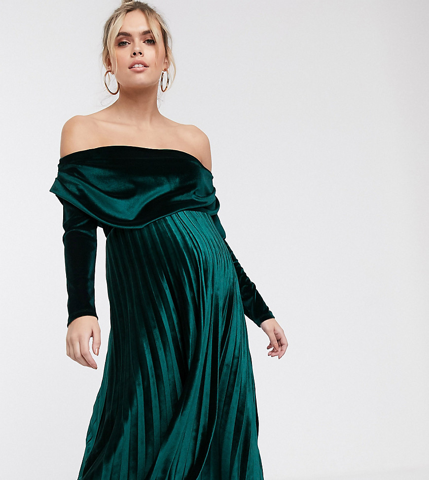 ASOS DESIGN Maternity - Geplooide fluwelen bardot midi-jurk met lange mouwen-Groen
