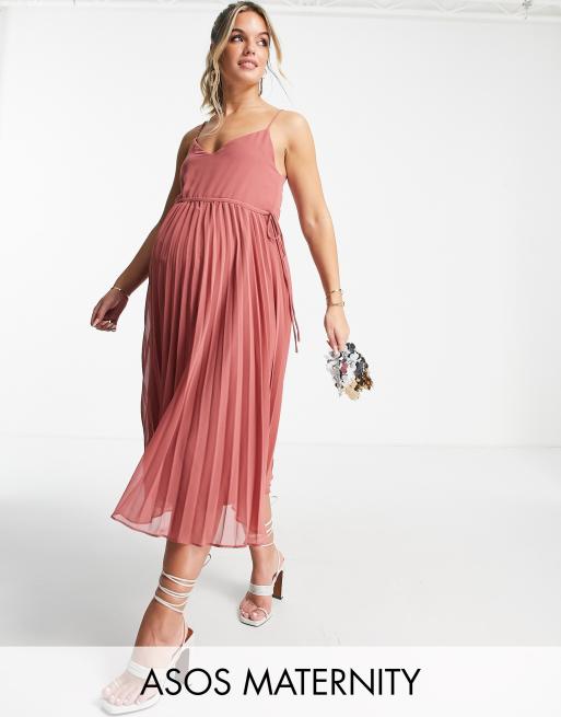 ASOS DESIGN Maternity - Geplooide midi cami-jurk met trekkoord in taille in theeroze