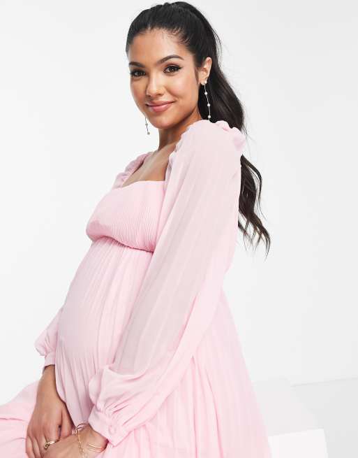 ASOS DESIGN Maternity - Geplooide midi skaterjurk met vierkante hals in lichtroze, 3 van 4