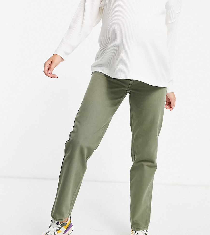 ASOS DESIGN Maternity – Gerade geschnittene Jeans in Khaki mit niedrigem Bund-Grün