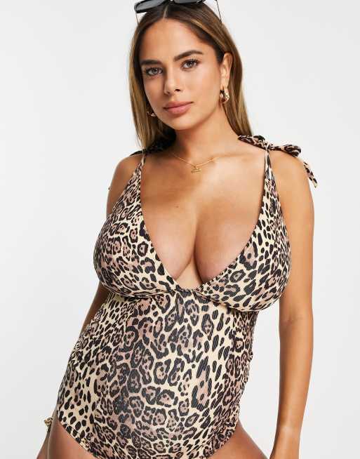 ASOS DESIGN Maternity - Geribbeld badpak met strikbandjes in luipaardprint, 3 van 4