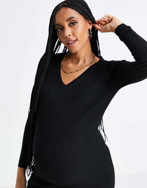 ASOS DESIGN Maternity - Geribbeld gebreide jurk met V-hals in zwart | ASOS