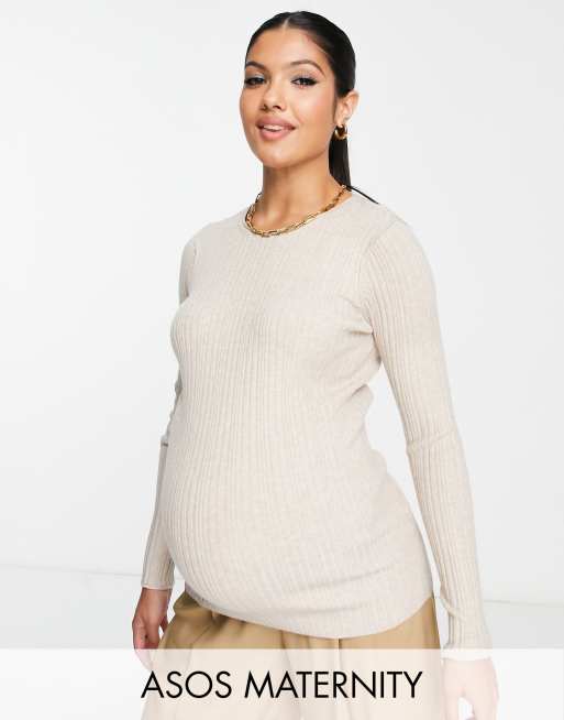 ASOS DESIGN Maternity - Geribbelde gebreide top met ronde hals in lichtbeige