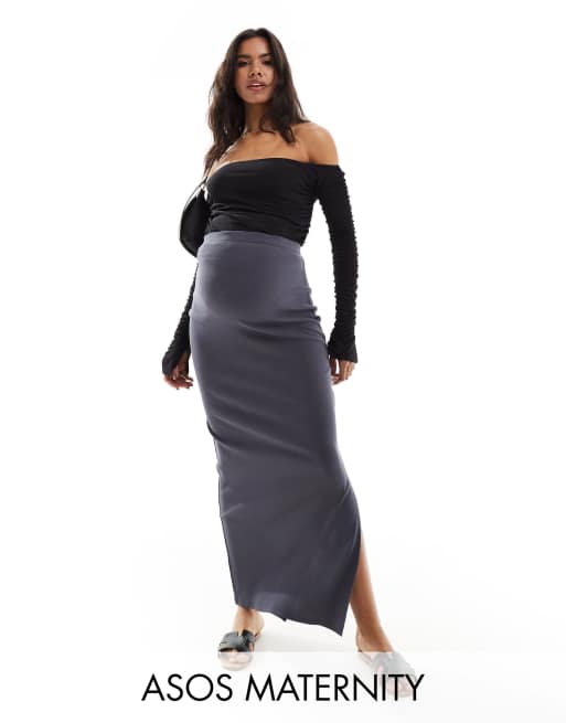 FhyzicsShops DESIGN Maternity - Geribbelde maxi rok met zijsplit in donkergrijs