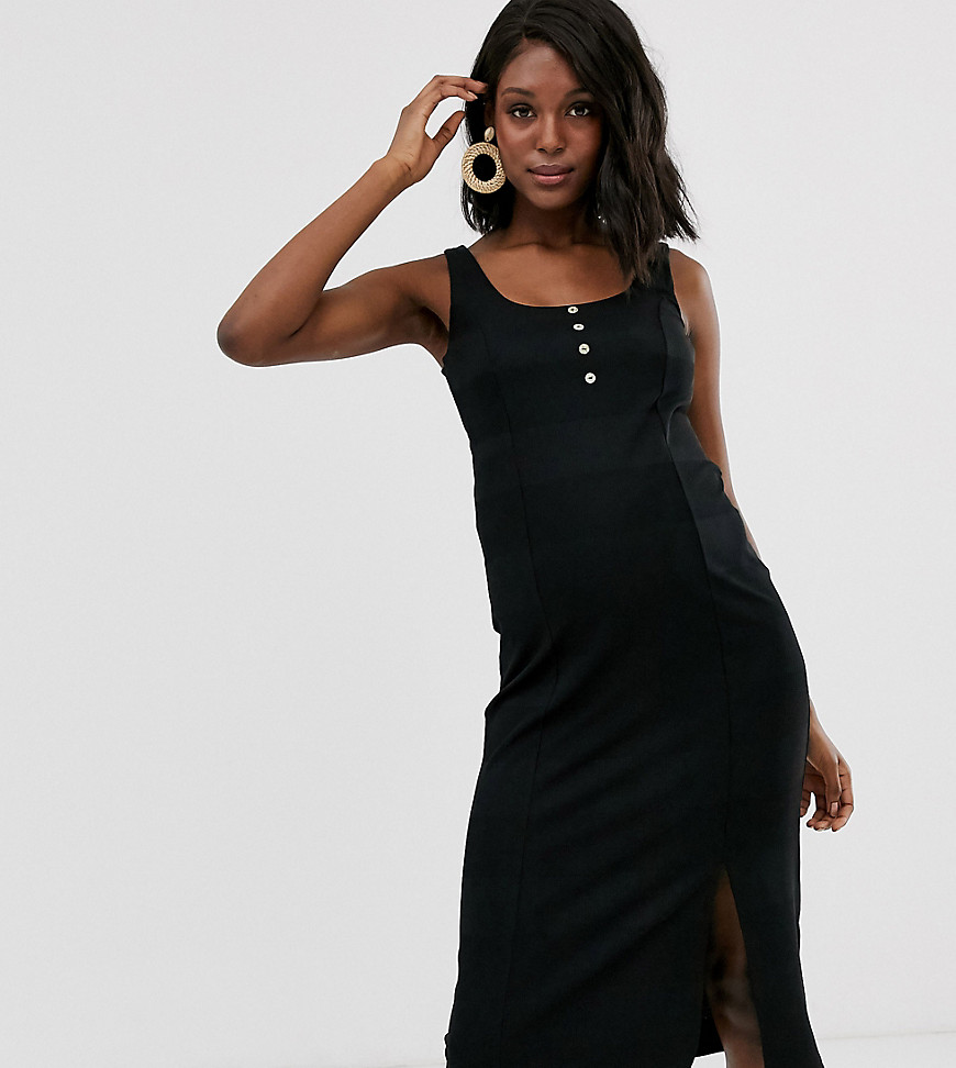 ASOS DESIGN Maternity - Geribbelde midi-jurk met knopen-Zwart