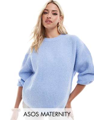 ASOS DESIGN Maternity - Gerippter Grobstrickpullover in Babyblau mit Rundhalsausschnitt